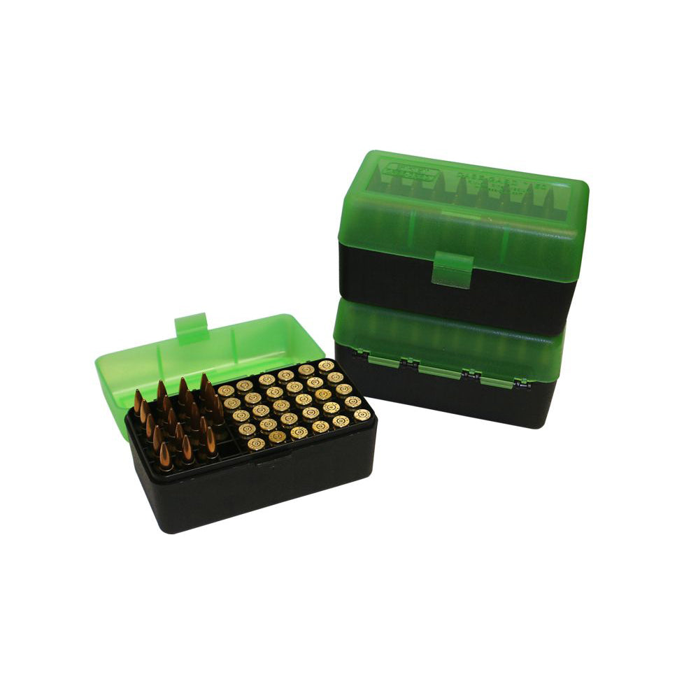 MTM 50RND AMMO BOX 22-250-308 CLEAR GREEN