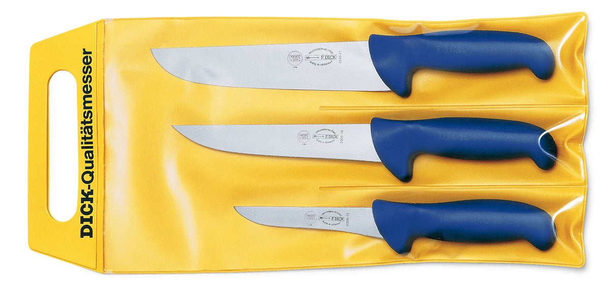 F. Dick ErgoGrip 3-piece butcher knife set with boning, sticking and butcher knife in yellow carry pouch