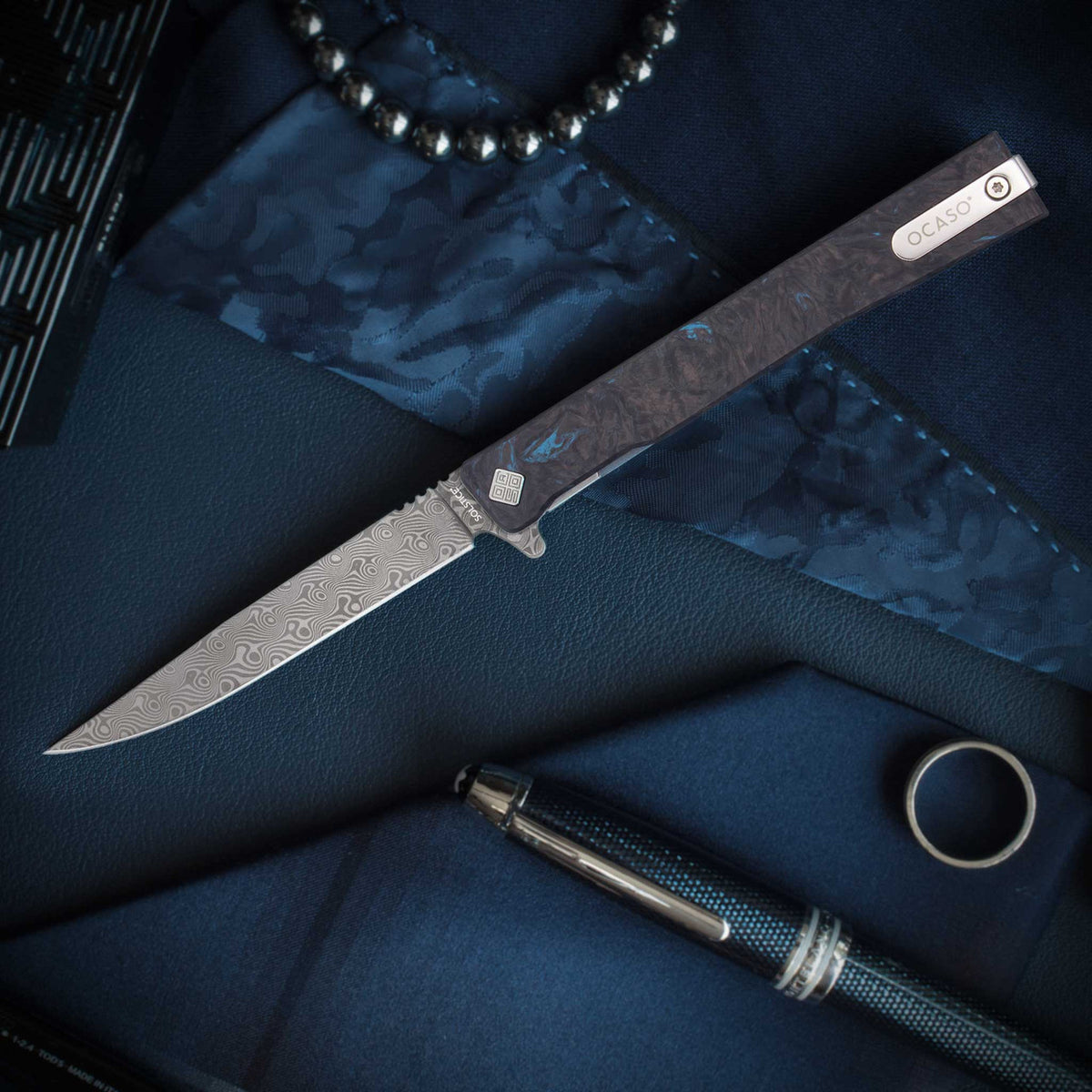 Ocaso Solstice Knife - Fat Carbon Damascus Blue