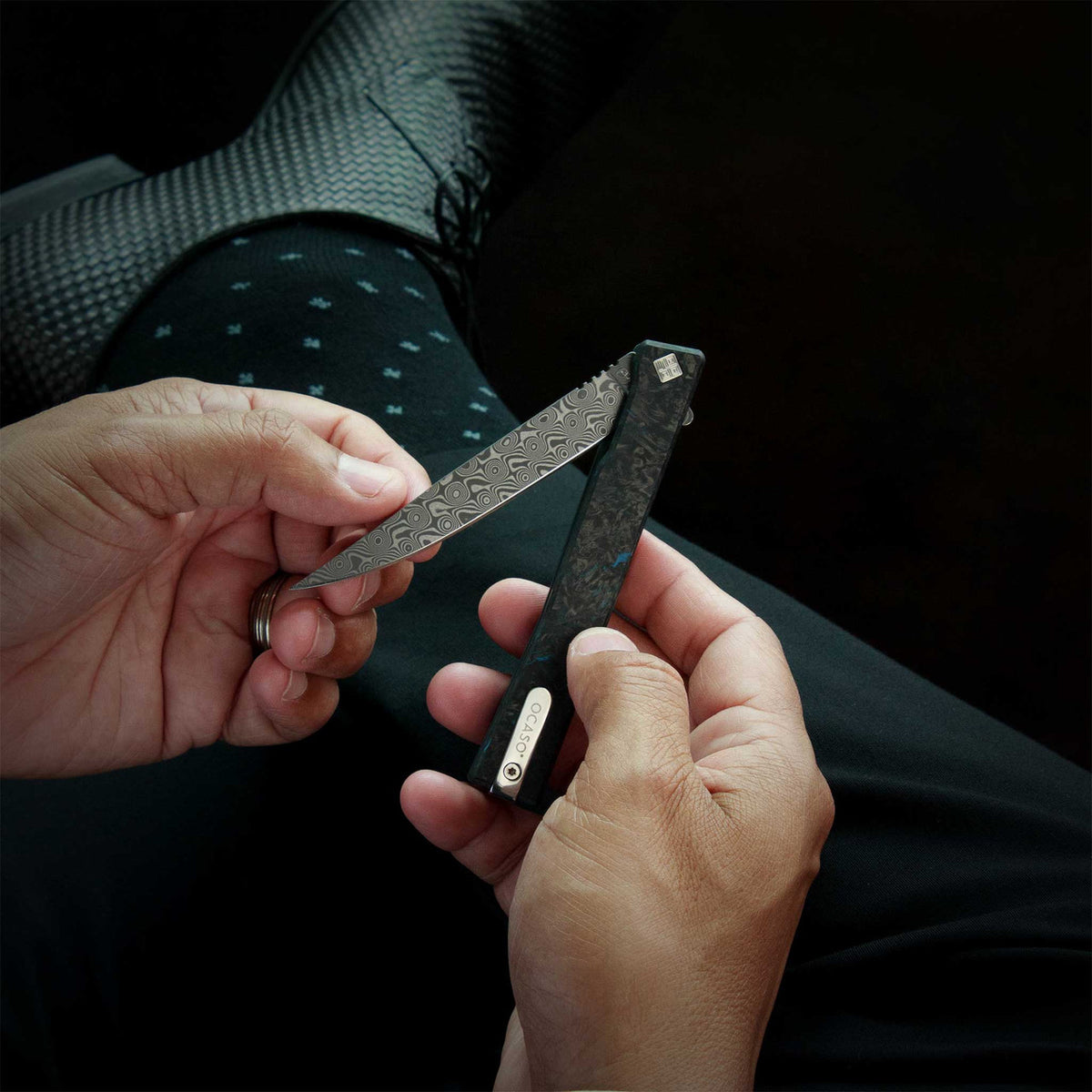 Ocaso Solstice Knife - Fat Carbon Damascus Blue