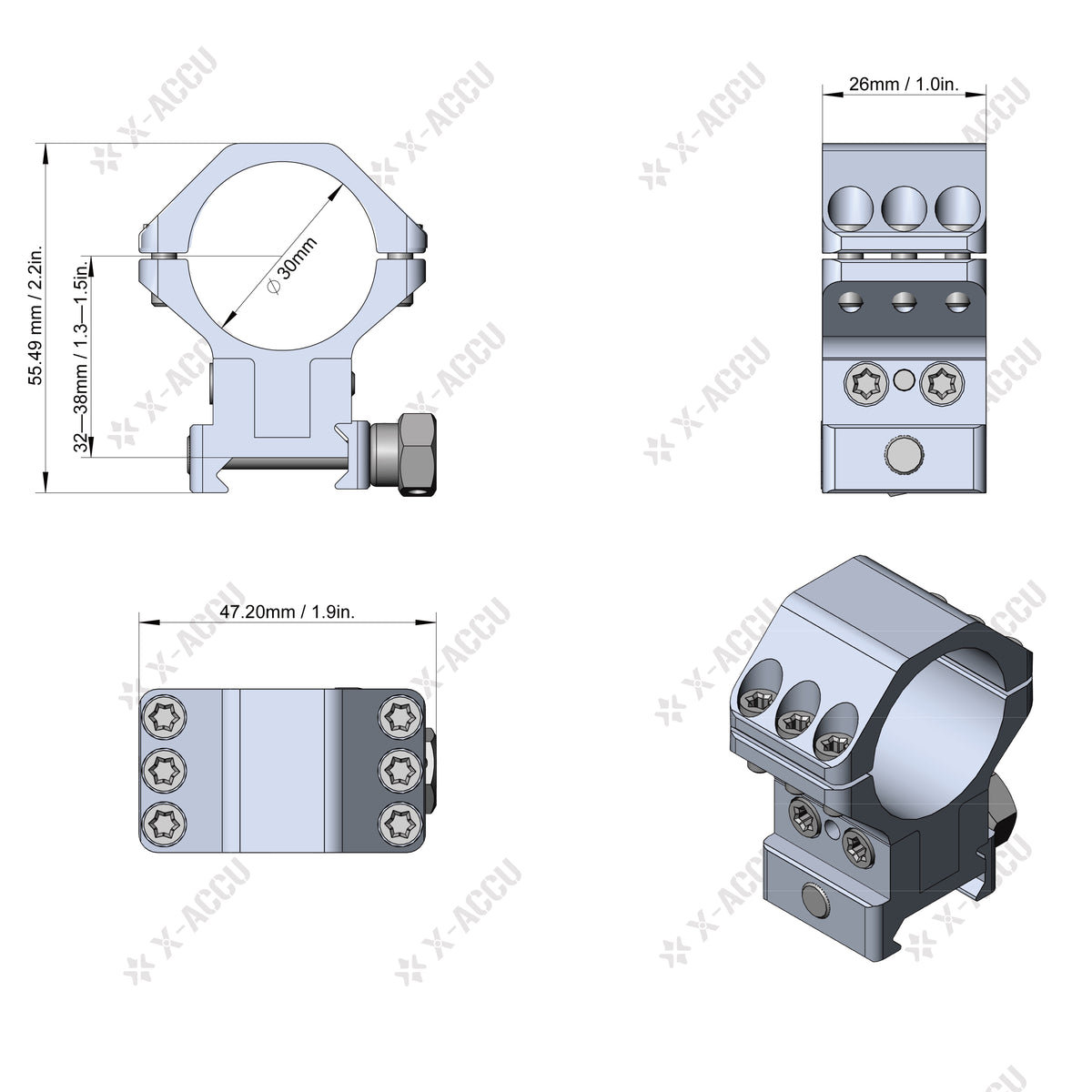 Vector Optics X-Accu Adjustable Elevation 30 mm Picatinny Rings