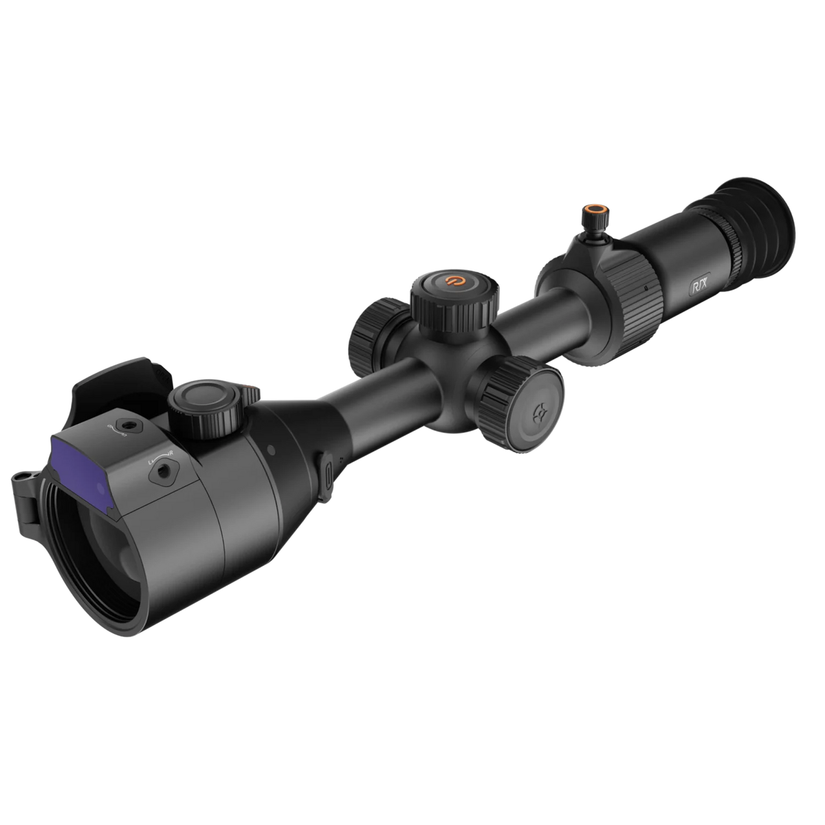 RIX LPR L6R thermal riflescope, front-left three-quarter view with LRF module, black background