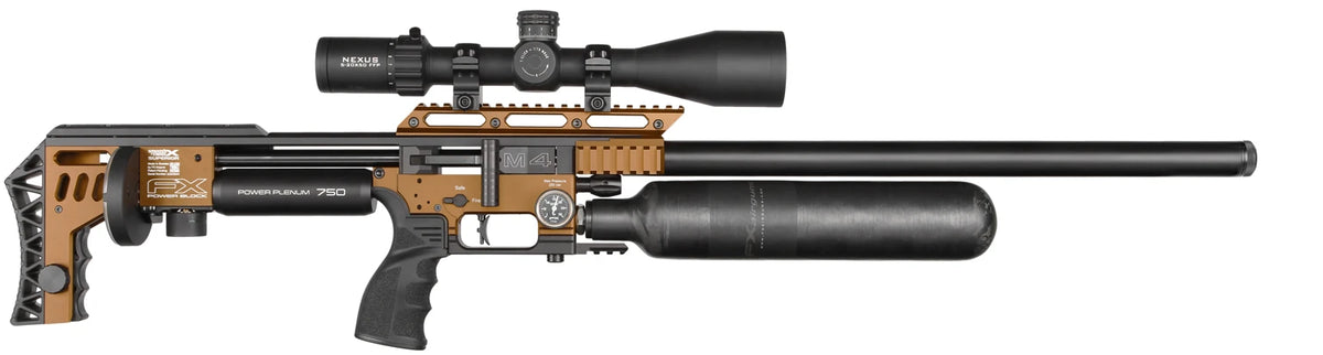 FX Impact M4 PCP air rifle with scope, side view on white