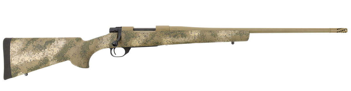 Howa Fence Line M1500 rifle in Prairie Reaper camo with threaded muzzle brake, right side view