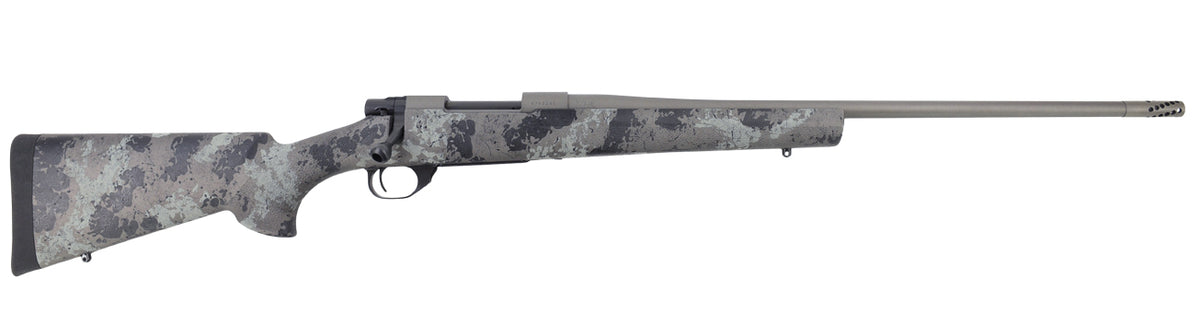 Howa Fence Line M1500 rifle in Grey Light camo with threaded muzzle brake, right side view