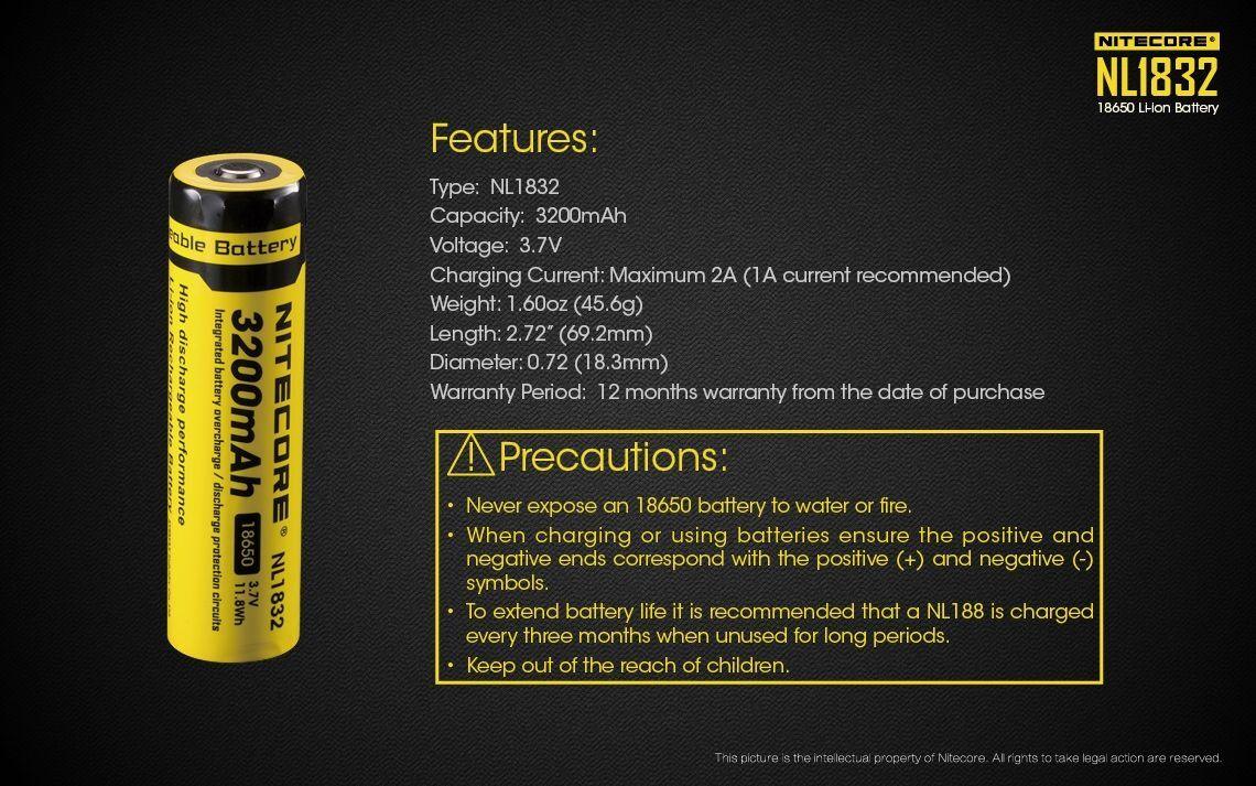 NITECORE NL1832 3200MAH 18650 RECHARGEABLE BATTERY