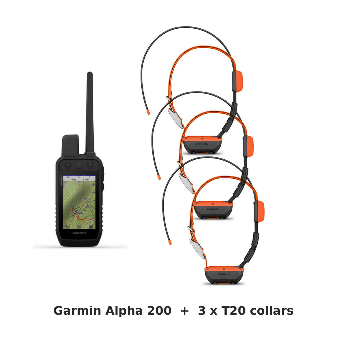 Garmin Alpha 200 With 3 x T20 Collars Bundle - Garmin handheld and collar on white