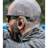 Earmor M200T electronic shooting earplugs showing in-ear fit with ear hooks and foam tips
