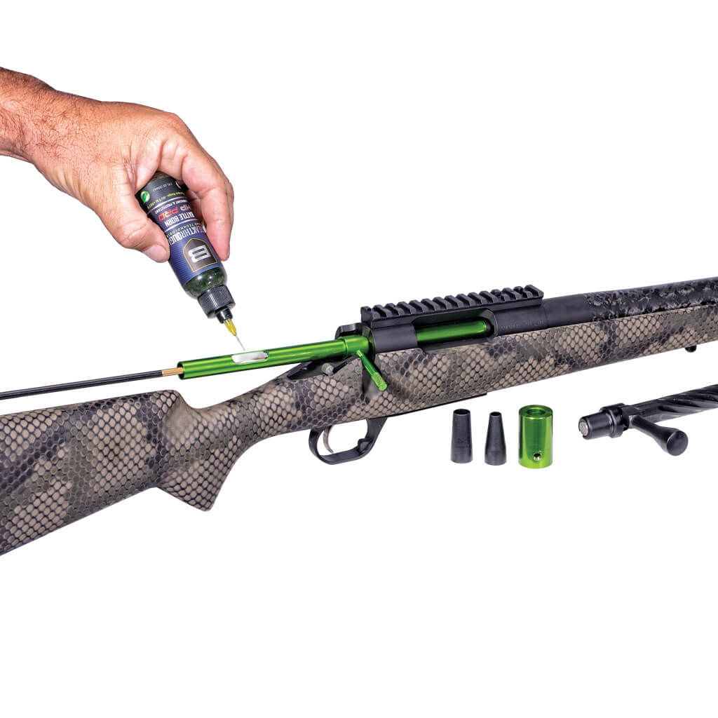 Breakthrough Aluminium Universal Bore Guide fitted to a bolt-action rifle with tips and AR-15 sleeve shown (rifle and oil not included)