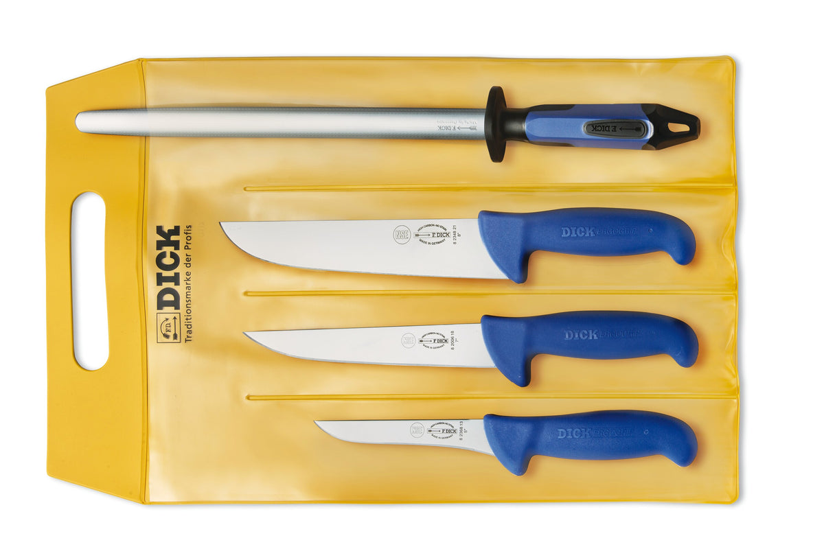 F. Dick ErgoGrip 4-piece starter set with three knives and sharpening steel in yellow carry pouch