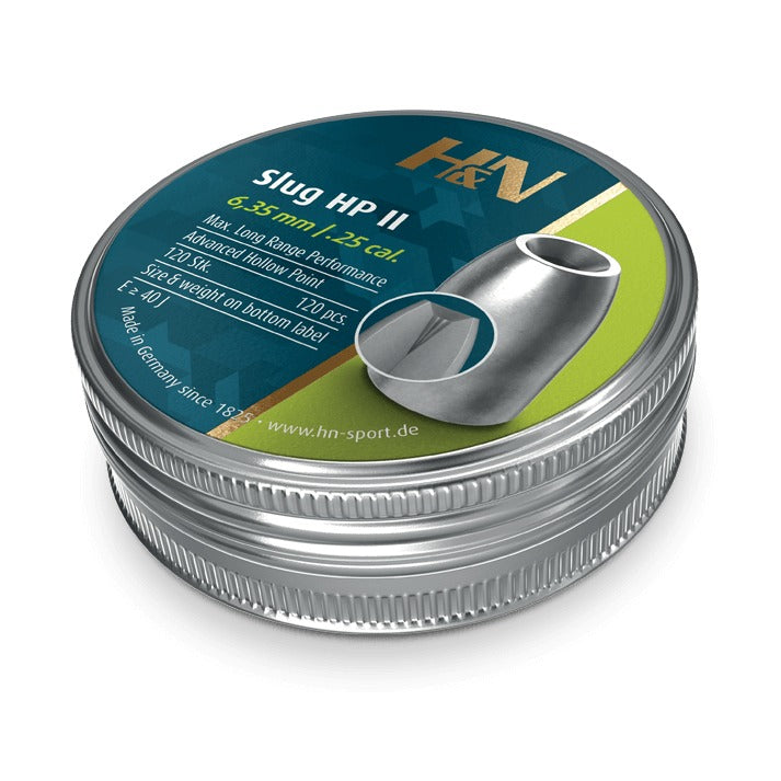 H&N Slug HP II .25 cal (6.35mm) tin of 120 hollow-point air slugs