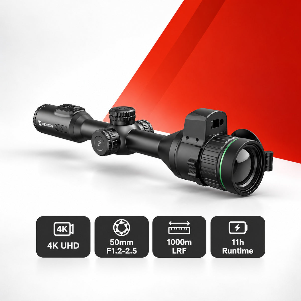 HIKMICRO Alpex 4K A50EL digital day and night vision scope with spec labels