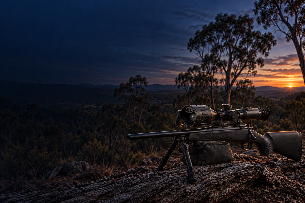 HIKMICRO Stellar SQ50L 3.0 thermal scope on a bolt-action rifle on a bipod at dusk in the Australian bush