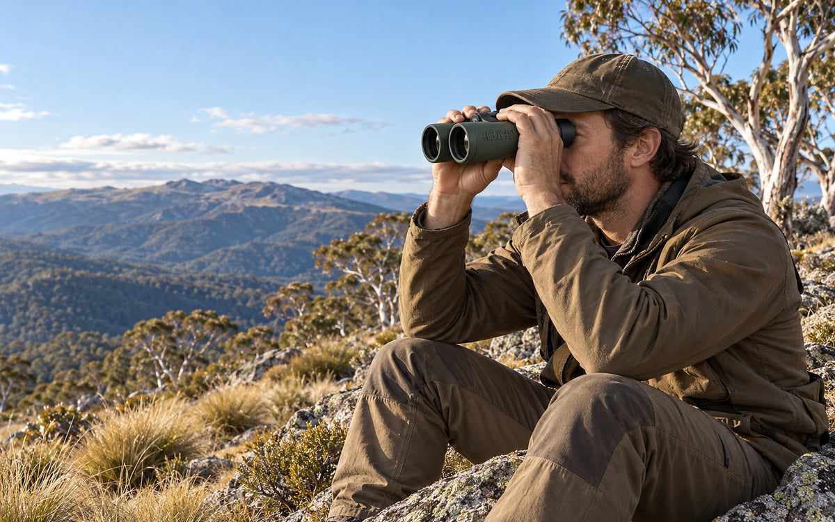 Hunter glassing a high-country ridge with Element Helix HD 10x42 binoculars