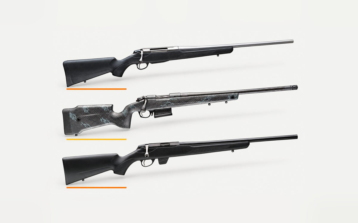 Tikka and Bergara bolt-action rifles lined up on a light background